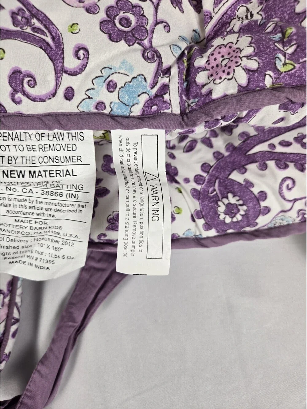 Pottery Barn Kids Purple Paisley Crib Edge Cover